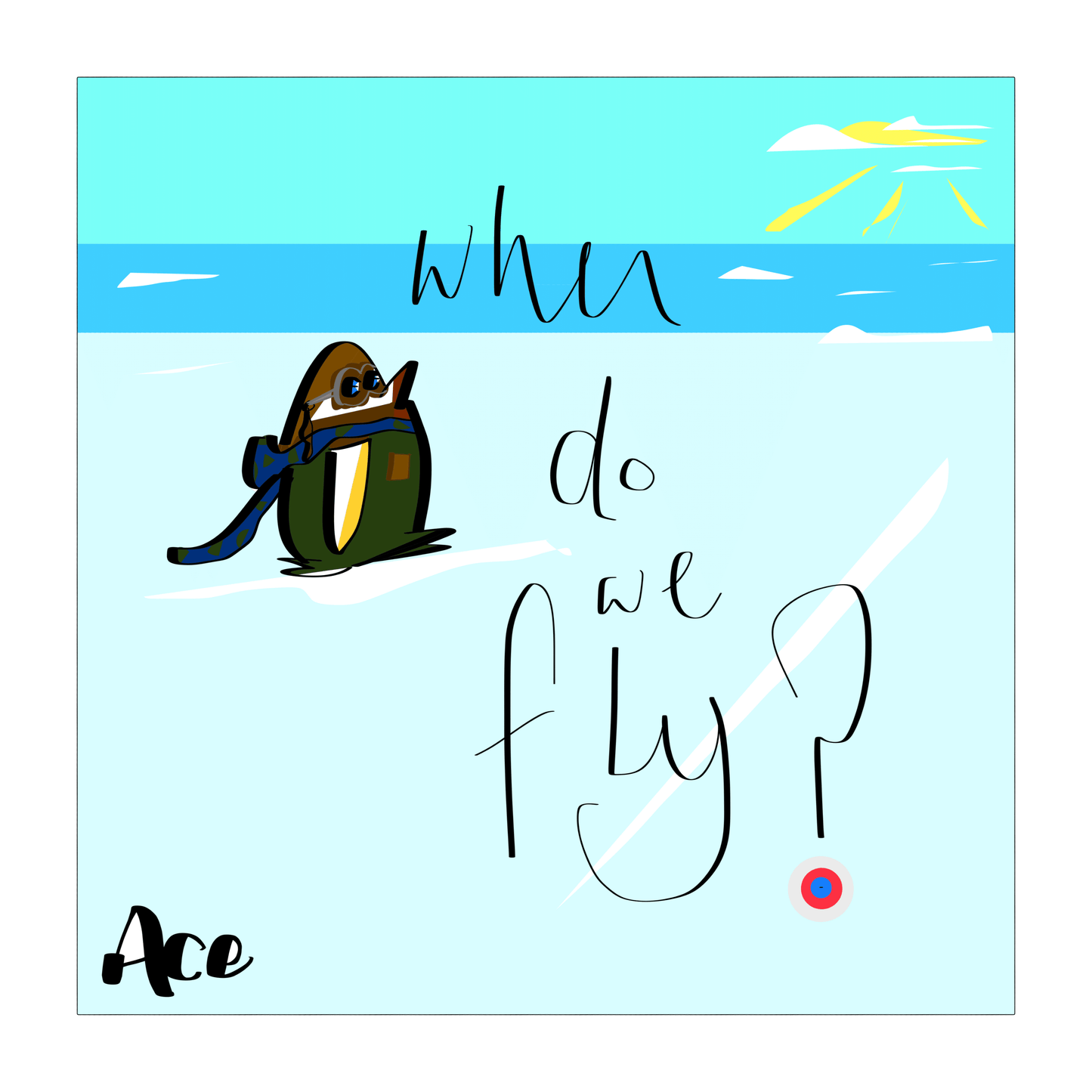 Cartoon penguin with sunglasses and a blue scarf against a light blue sky with clouds and sun.