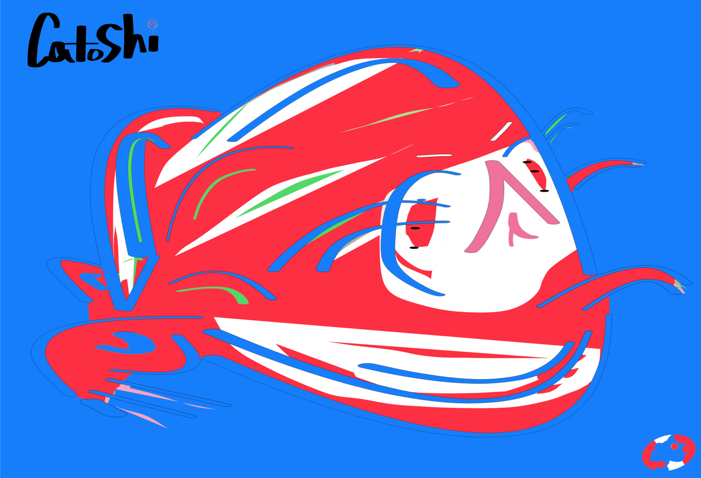 Catoshi cartoon character on blue background