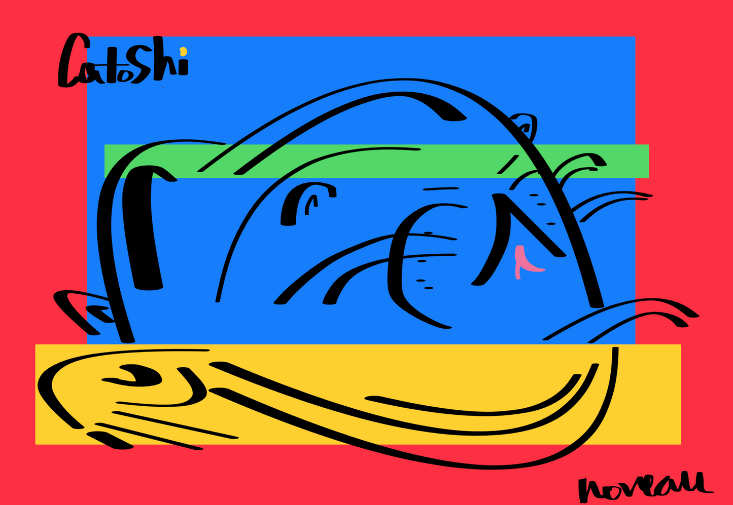 Abstract design with wavy lines and colored blocks on a red background, featuring the brand 'Catoshi'.