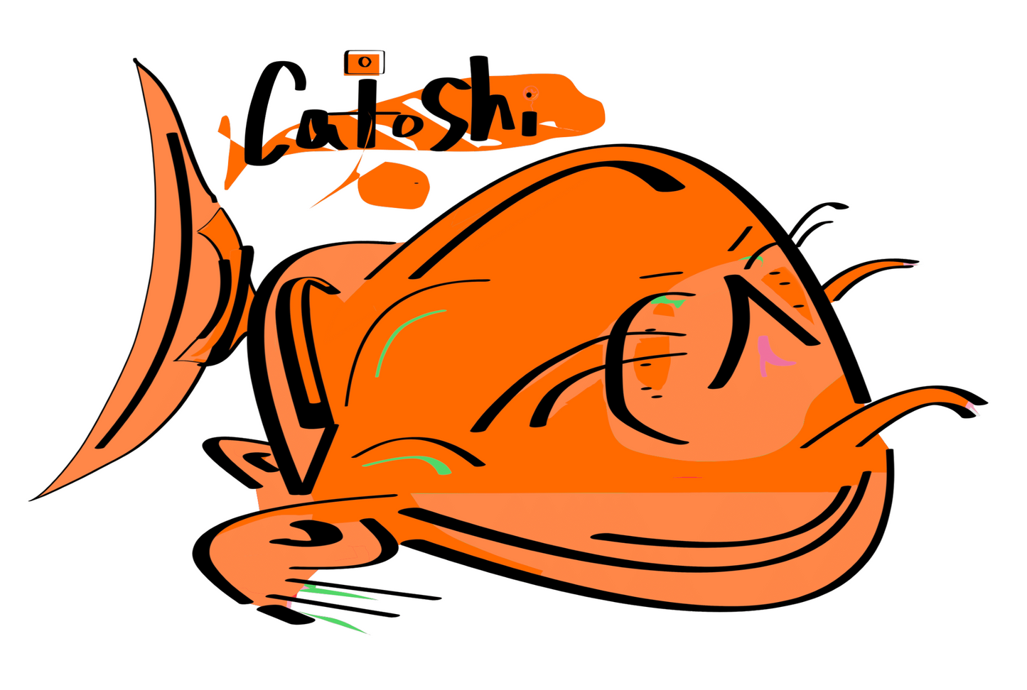 Cartoon fish with a smiling face and the name 'Catoshi' above it on a white background
