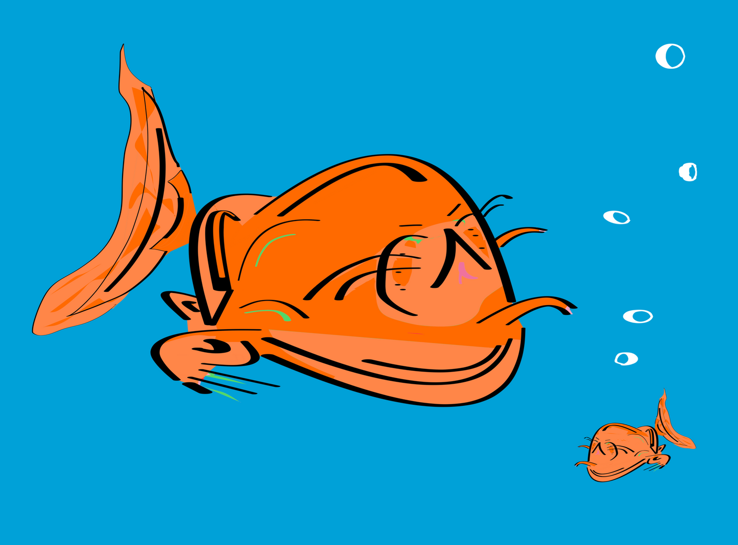 Cartoon fish swimming on a blue background with bubbles