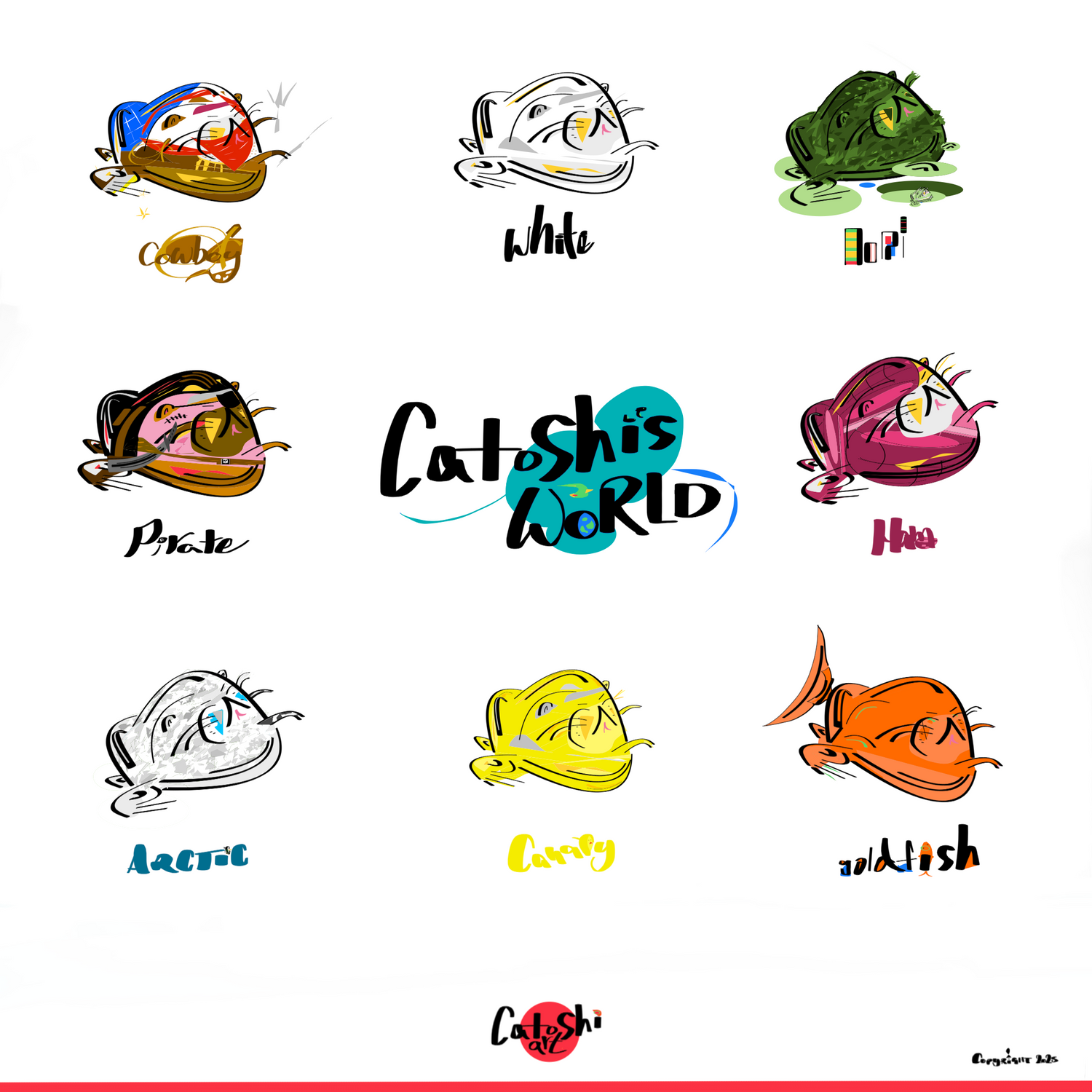 Collection of cartoon cat illustrations with 'Catoshi’s World' branding on a white background.