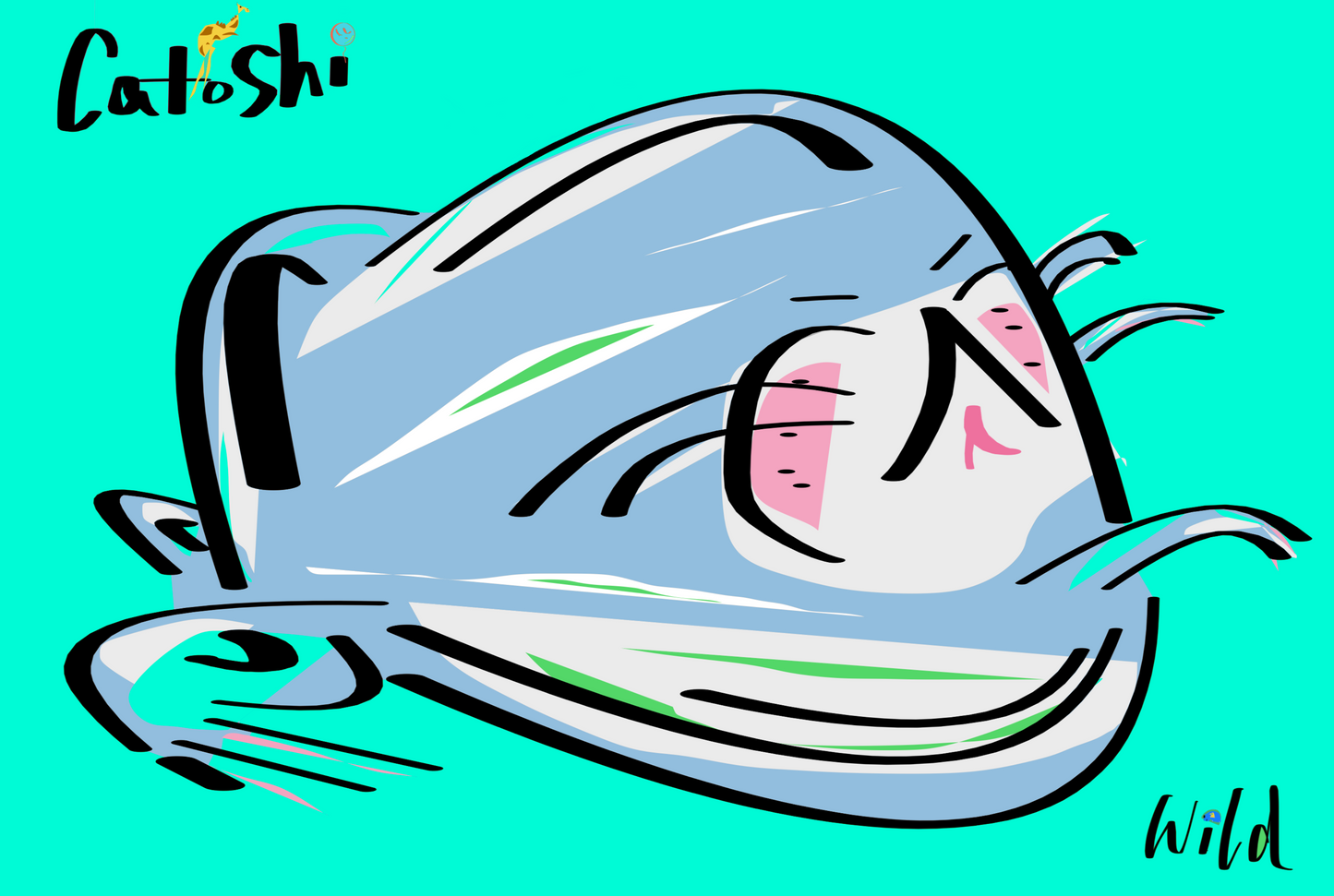 Illustration of a character on a teal background, featuring the brand 'Catoshi'.