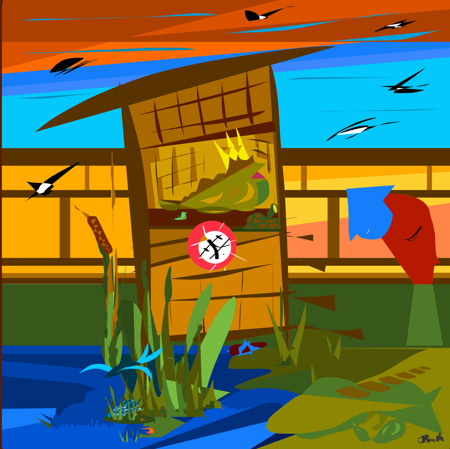 Colorful illustration of a pond scene with a wooden cabin, fish, and birds.
