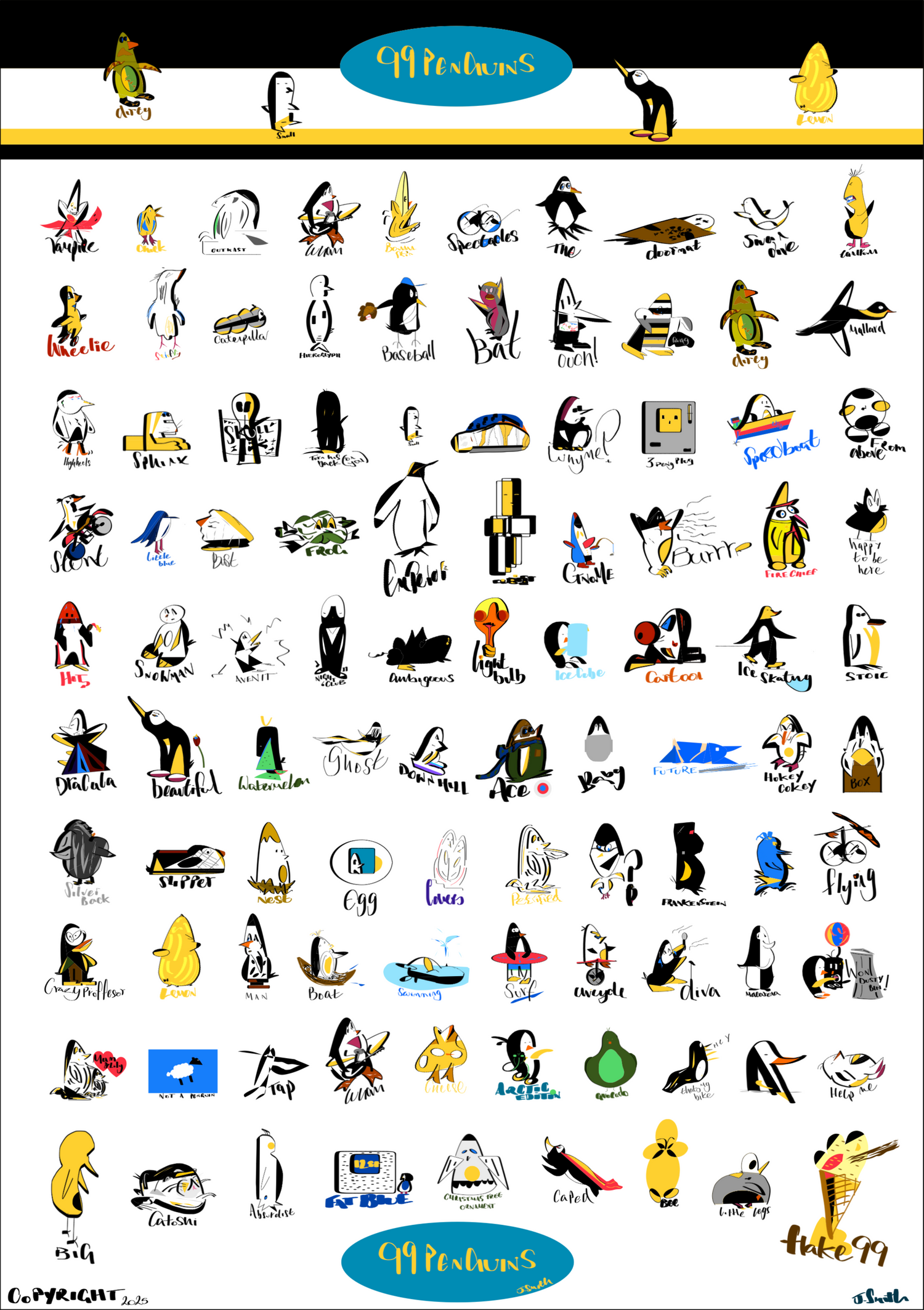 Modern and culturally inspired hand drawn original cartoon penguins.