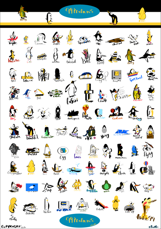 Collection of colorful penguin illustrations with various accessories and poses on a white background.