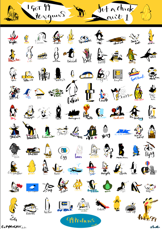 Collection of various penguin illustrations with text on a white background