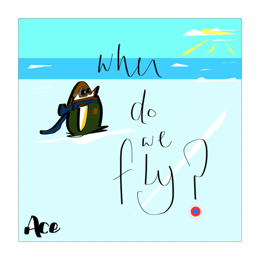 Cartoon penguin with sunglasses and a blue scarf against a light blue sky with clouds and sun.