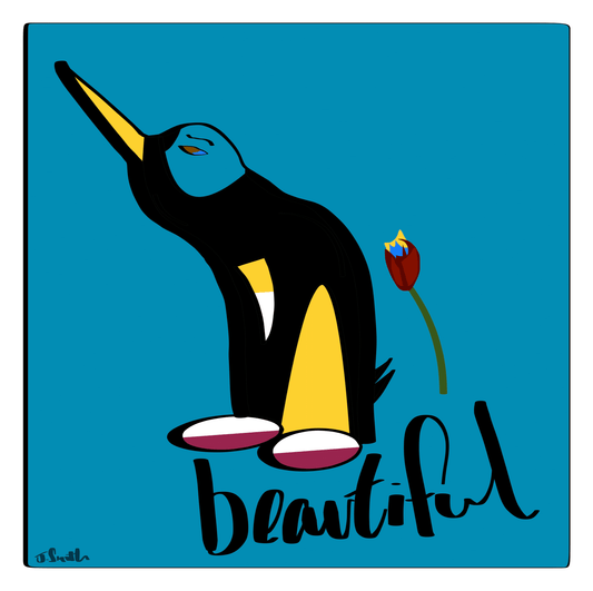 Colorful illustration of a penguin with a flower on a blue background 