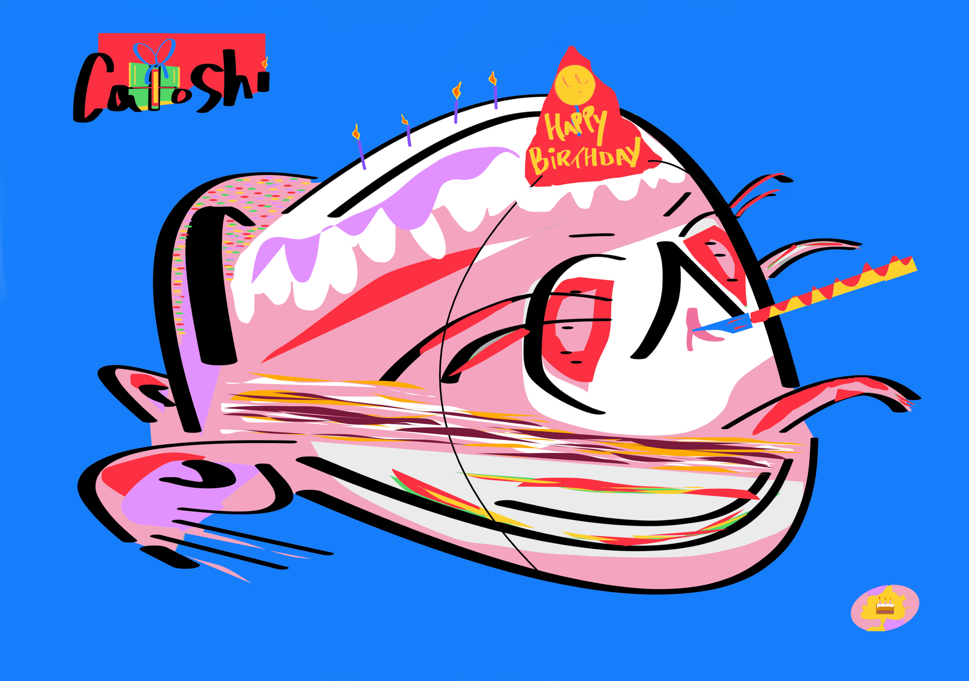 Colorful birthday hat with 'Happy Birthday' text on a blue background, featuring the brand 'Catoshi'.