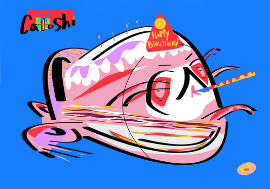 Colorful birthday hat with 'Happy Birthday' text on a blue background, featuring the brand 'Catoshi'.