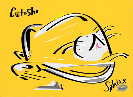 Cartoon character with a hat on a yellow background, featuring the name 'Catoshi'.