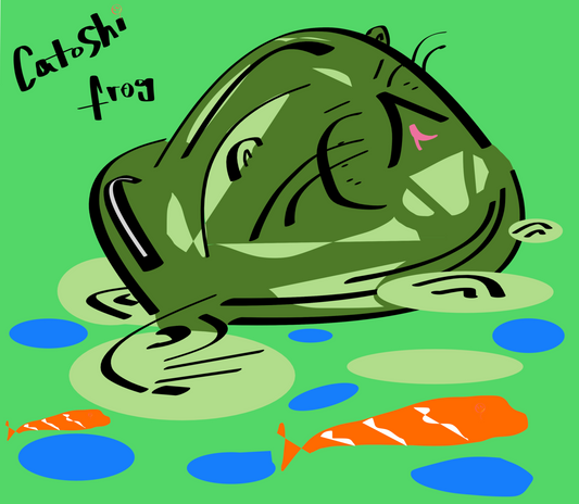 Illustration of a frog in a pond with fish and 'Catoshi Frog' text on a green background