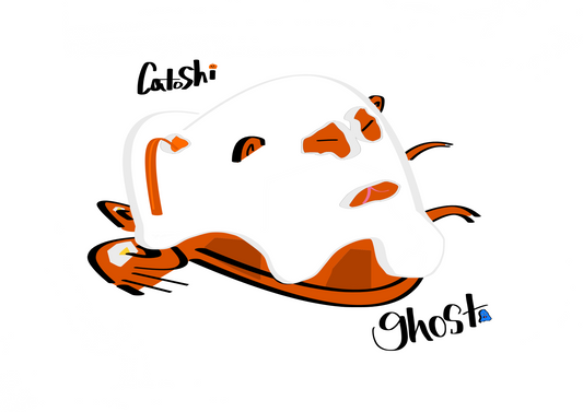 Cartoon ghost with orange accents on a white background, featuring the 'Catoshi' and 'Ghost' logos.