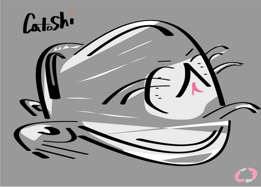 Cartoon cat with a sad expression on a gray background, featuring the brand 'Catoshi’.