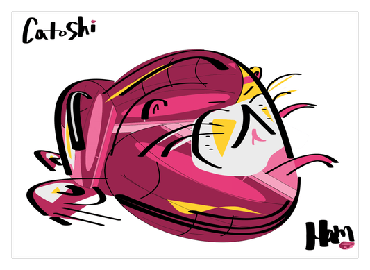 Colorful abstract design with a stylized face and the name 'Catoshi' at the top.
