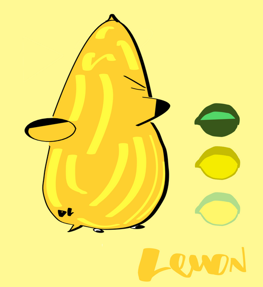Cartoon lemon character on a yellow background with lemon slices.