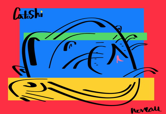Abstract design with wavy lines and colored blocks on a red background, featuring the brand 'Catoshi'.