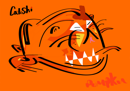 Cartoon pumpkin with a face on an orange background, featuring the brand 'Catoshi'.