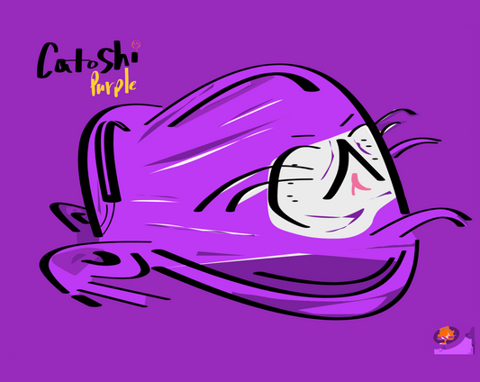 Cartoon cat face with a purple background and 'Catoshi’ brand logo