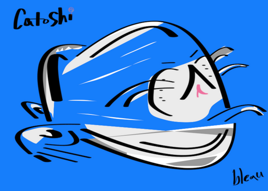 Cartoon character with a large smile on a blue background, signed 'Catoshi'.