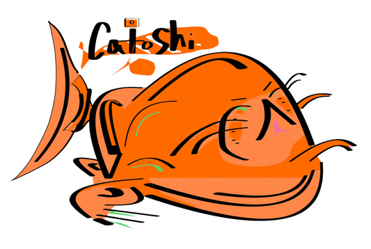 Cartoon fish with a smiling face and the name 'Catoshi' above it on a white background