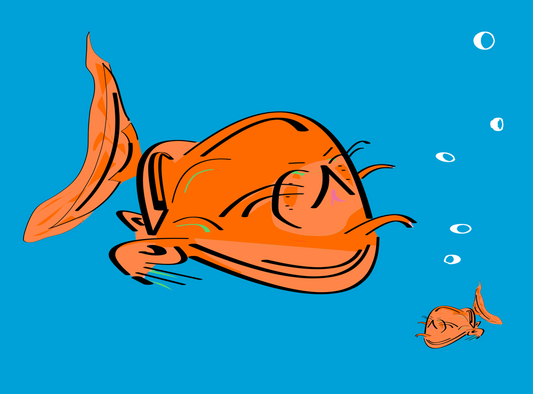 Cartoon fish swimming on a blue background with bubbles