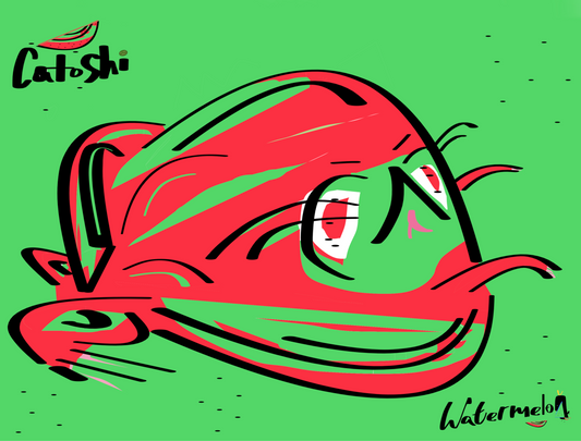 Cartoon watermelon character with a green background and 'Catoshi' branding.