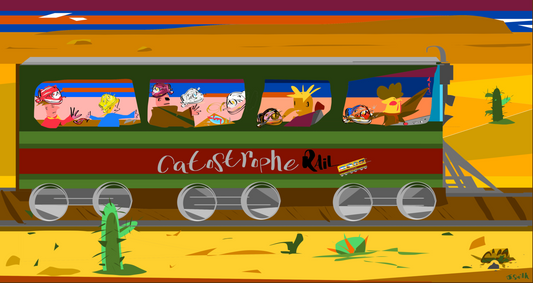 Animated train with cartoon characters on a colorful background