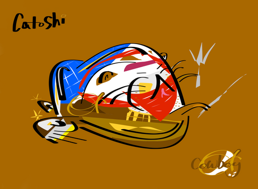 Cartoon cat with colorful design on a brown background