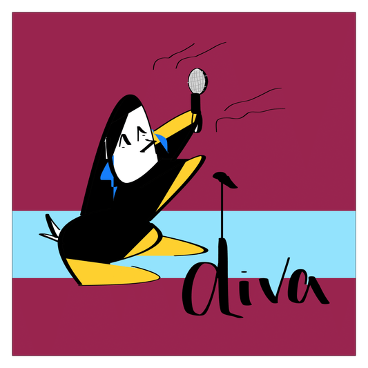 Illustration of a penguin with a microphone on a two-tone red and blue background with 'diva' text.