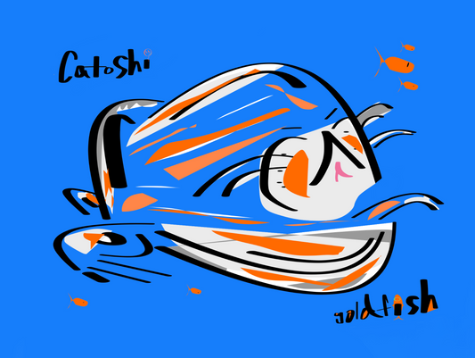 Cartoon cat character with orange and black stripes on a blue background, signed 'Catoshi’.