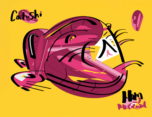 Cartoon character with a pink and yellow background, featuring the name 'Catoshi'.