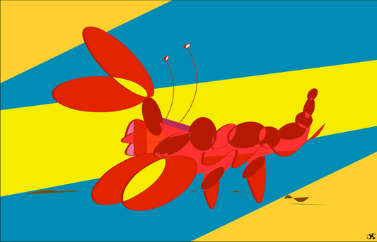 Colorful illustration of a red lobster on a blue and yellow striped background