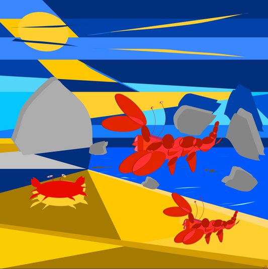 Abstract artwork with red lobsters, blue water, and a crab.