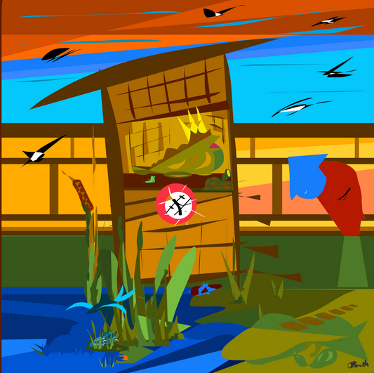 Colorful illustration of a pond scene with a wooden cabin, fish, and birds.